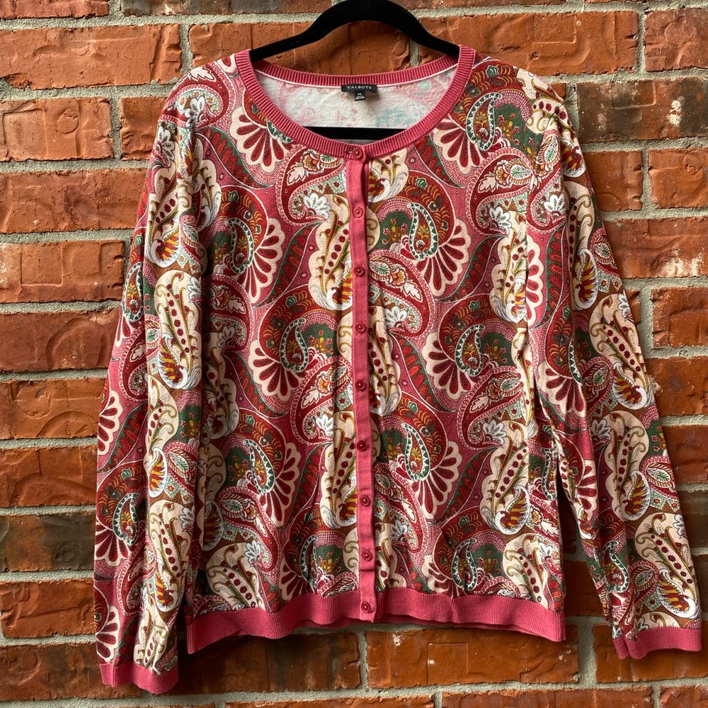 Talbots Womens XL Red Pink Paisley Career Office Cardigan Sweater Office Casual